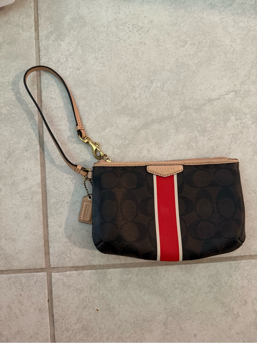 Coach Brown Signature Canvas Wristlet with Red Stripe